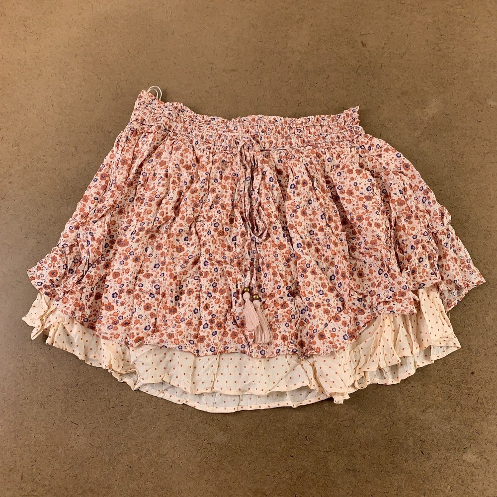 A Beautiful Soul Women's 1X Ivory Floral Smocked Waist Layered Mini Skirt New
